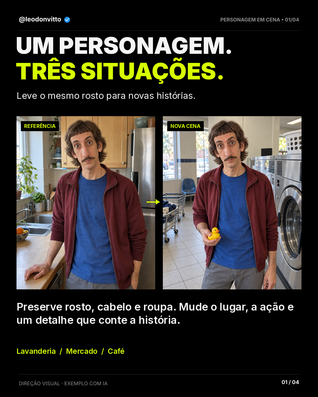 Um personagem. Três cenas. — slide 1 de 4