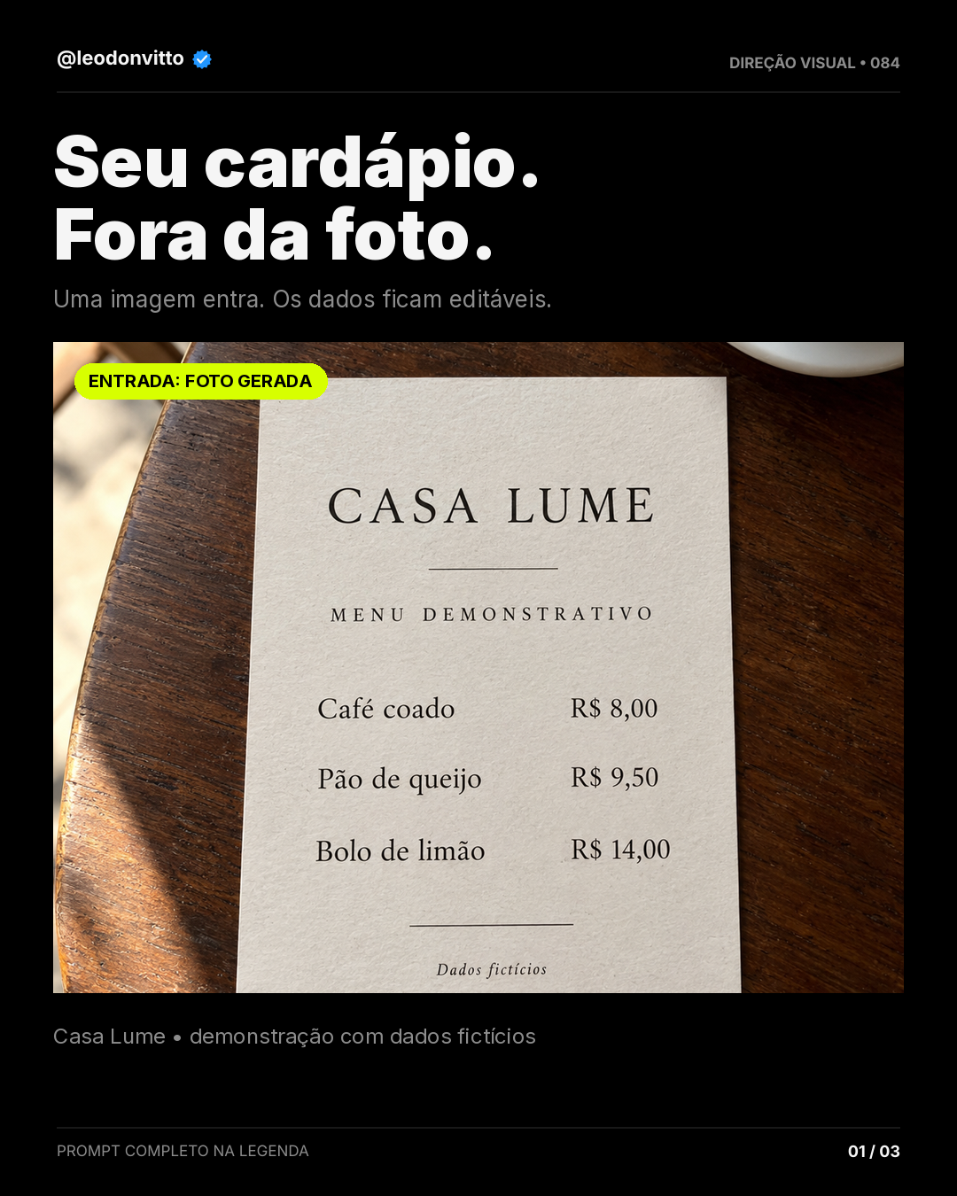 Cardápio fotografado → dados editáveis — slide 1 de 3