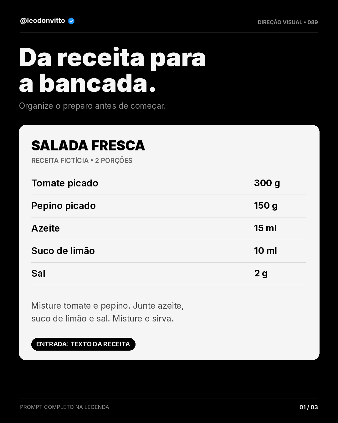 Receita fictícia → mise en place visual — slide 1 de 3