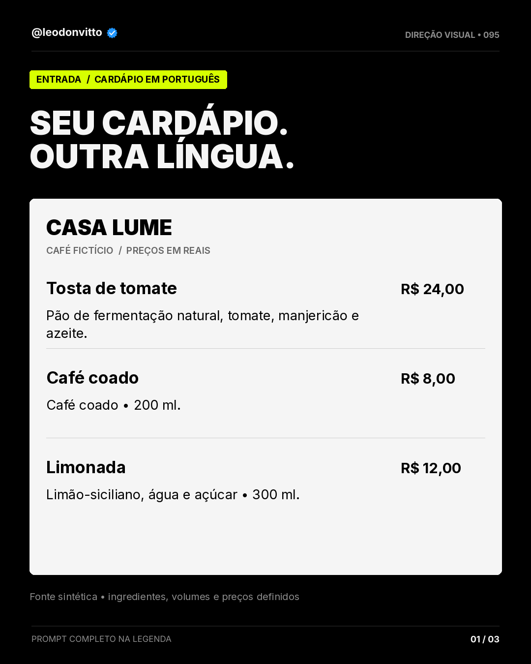Cardápio → versão bilíngue — slide 1 de 3